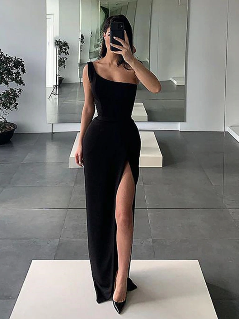Black One Shoulder Prom Dress with High ...